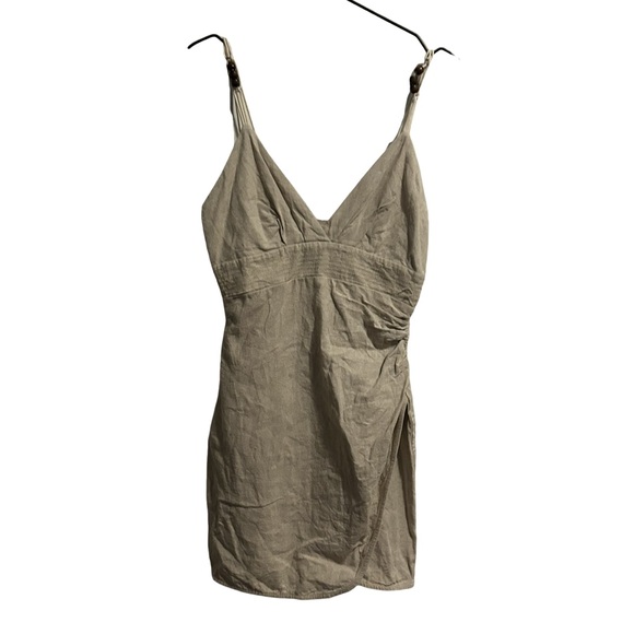 Zara Dresses & Skirts - Zara Mini Linen Dress Scrunched Side Triangle Top Beaded Straps Tan XS